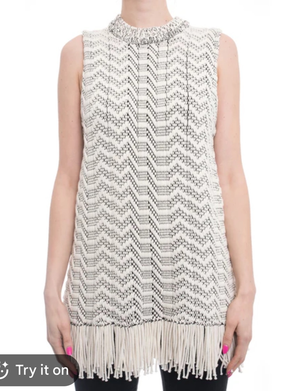 Proenza Schouler Black & Ivory Chevron Fringe Sleeveless Tunic